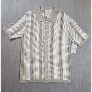 Massive Luxury Knit Crochet Striped Cotton Button-Up Shirt Men's M Beige White